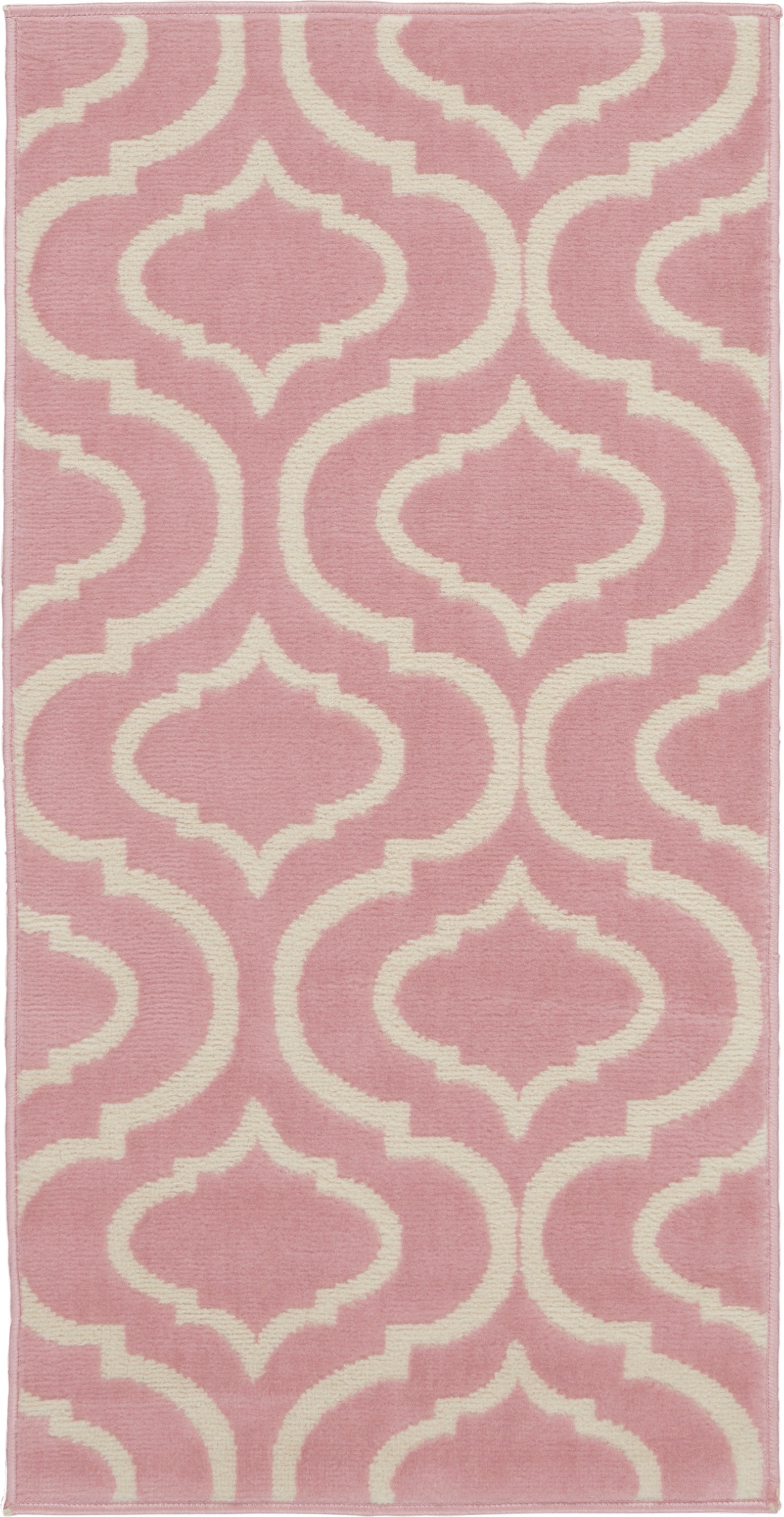 Pink rectangular rug with cream trellis lattice pattern; soft, textured textile.