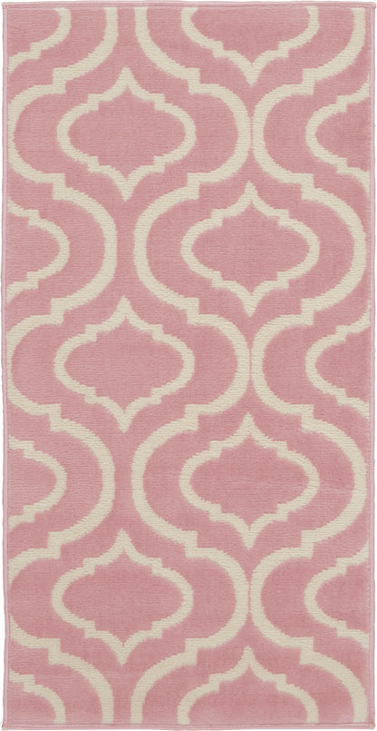 Pink rectangular rug with cream trellis lattice pattern; soft, textured textile.