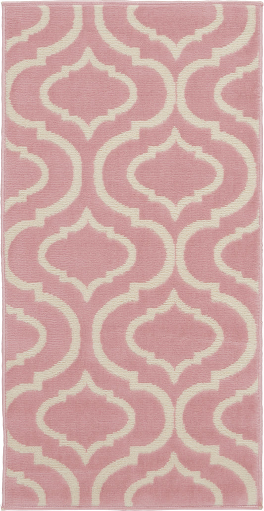 Pink rectangular rug with cream trellis lattice pattern; soft, textured textile.