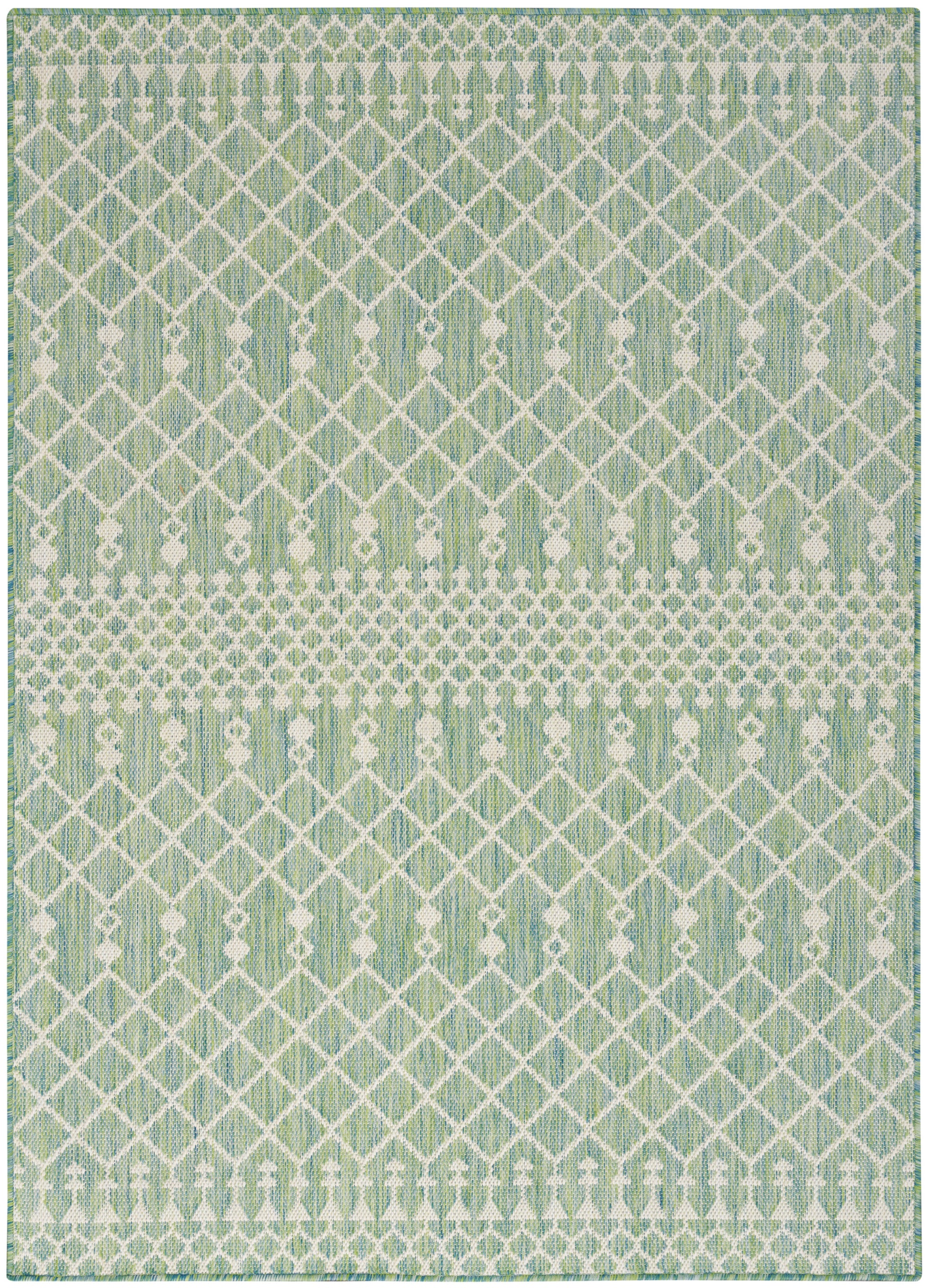 Green and white woven rug with diamond lattice pattern and dotted borders across bands.