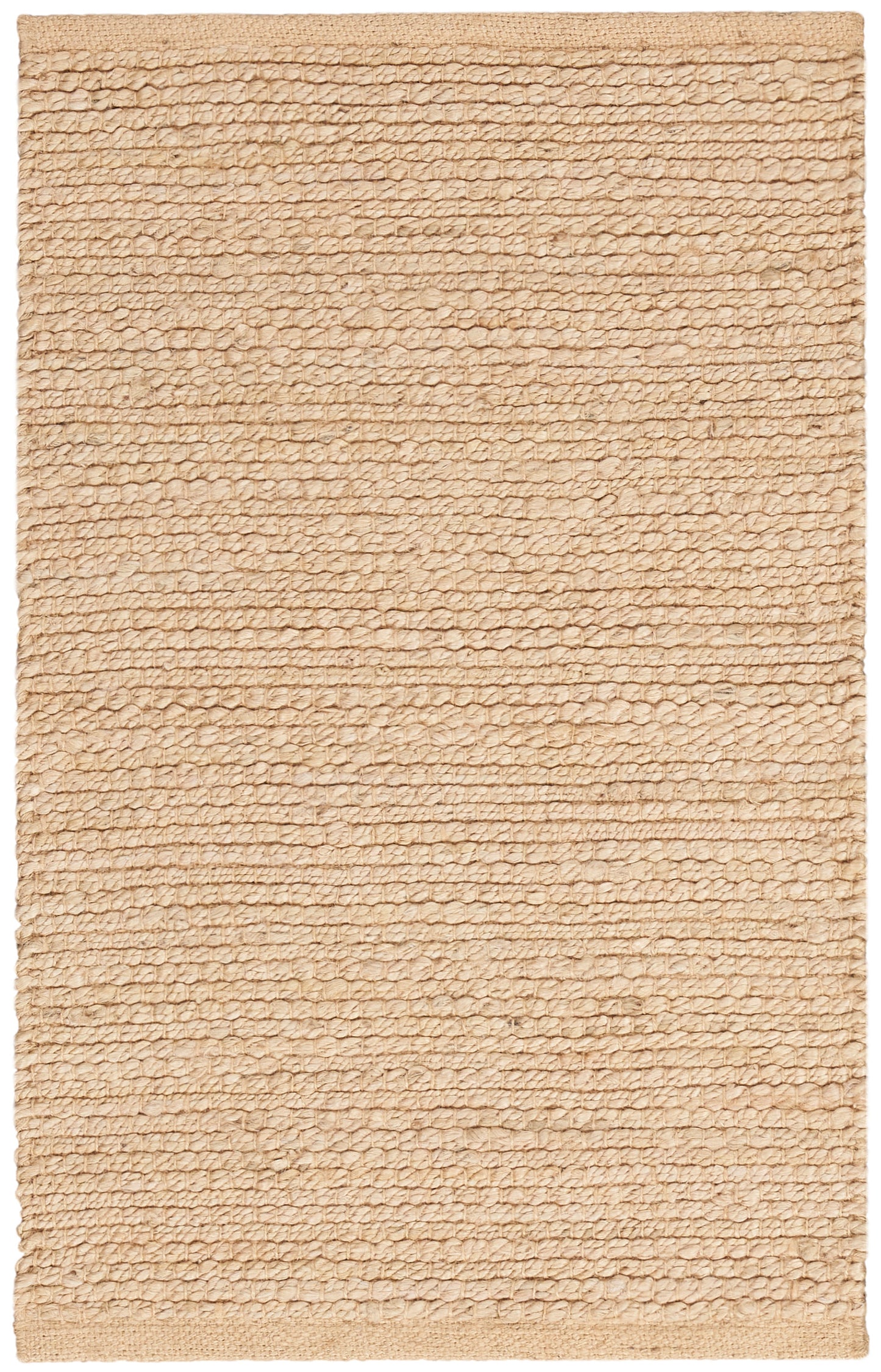 Beige natural-fiber textured rug with looped weave & subtle horizontal stripes; rectangular rug.