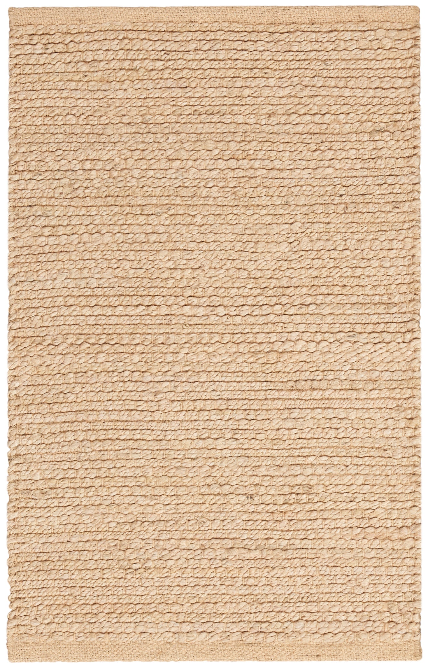 Beige natural-fiber textured rug with looped weave & subtle horizontal stripes; rectangular rug.