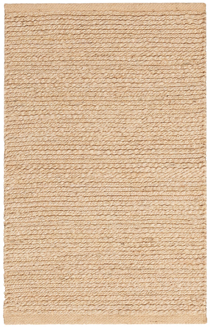 Beige natural-fiber textured rug with looped weave & subtle horizontal stripes; rectangular rug.