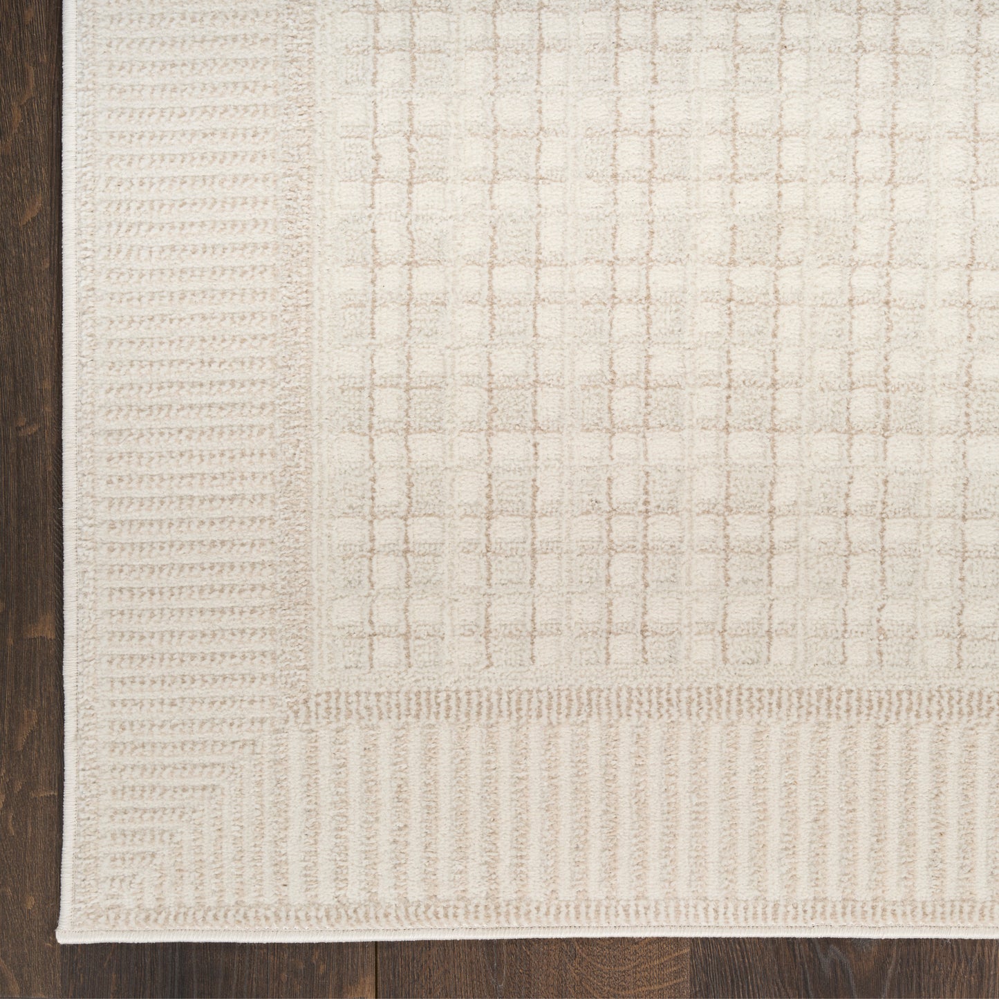 Beige woven area rug (4' x 6') with cream grid pattern and ribbed border on dark wood floor.