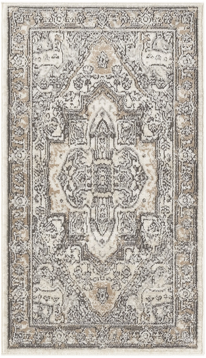 Neutral oriental rug with central medallion and ornate border in beige, ivory, taupe and gray.