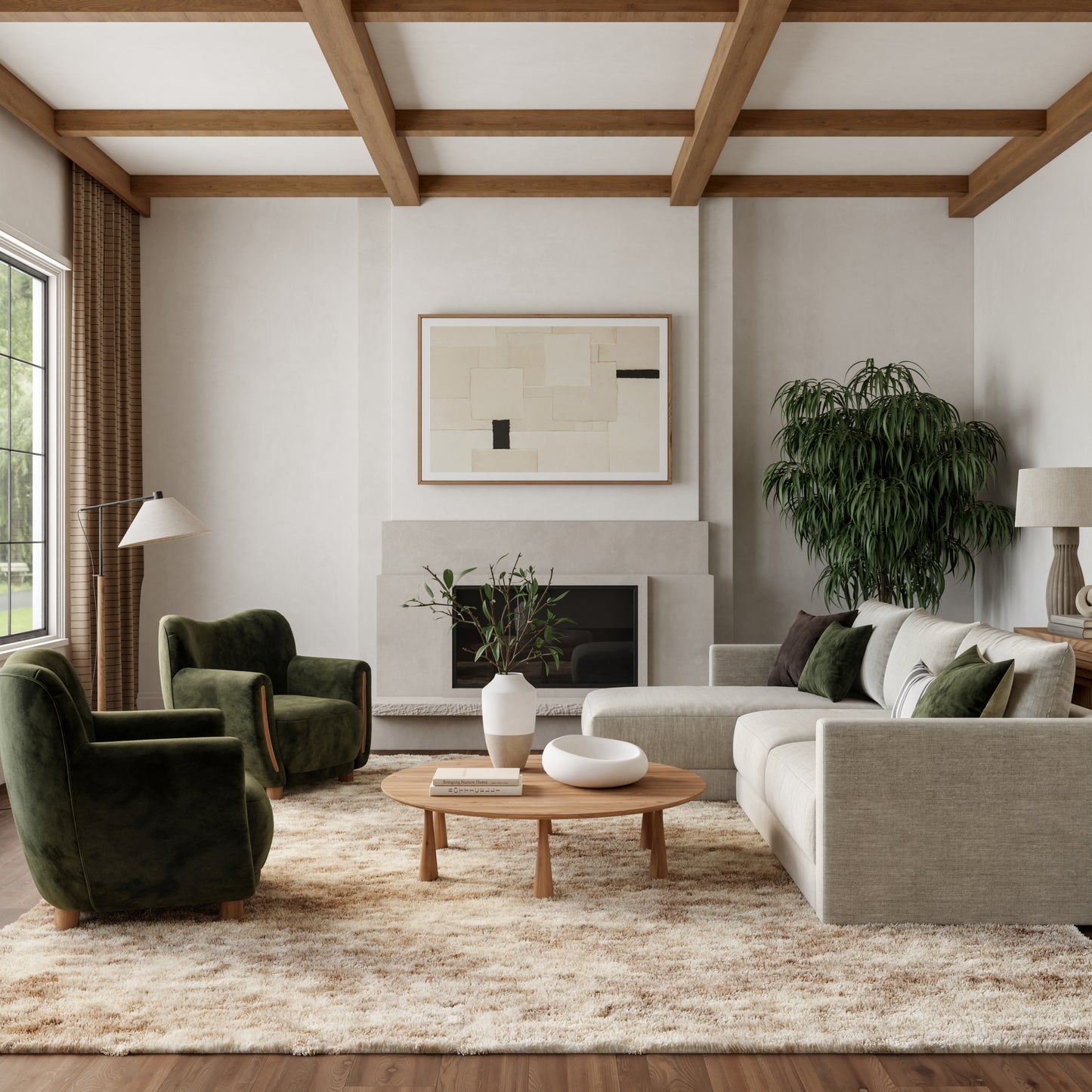 Neutral modern beige rug in a living room setting, 8' x 10'.