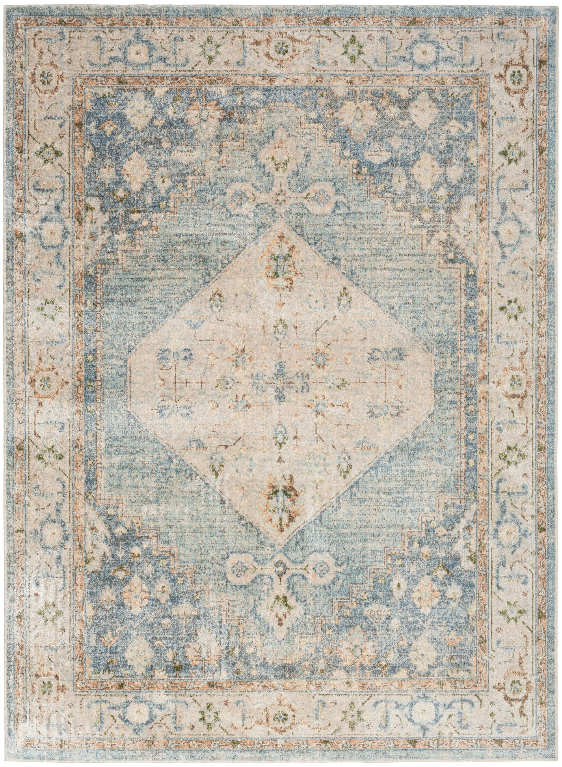 Distressed blue Oriental rug with a cream central diamond medallion, beige border and subtle floral motifs.