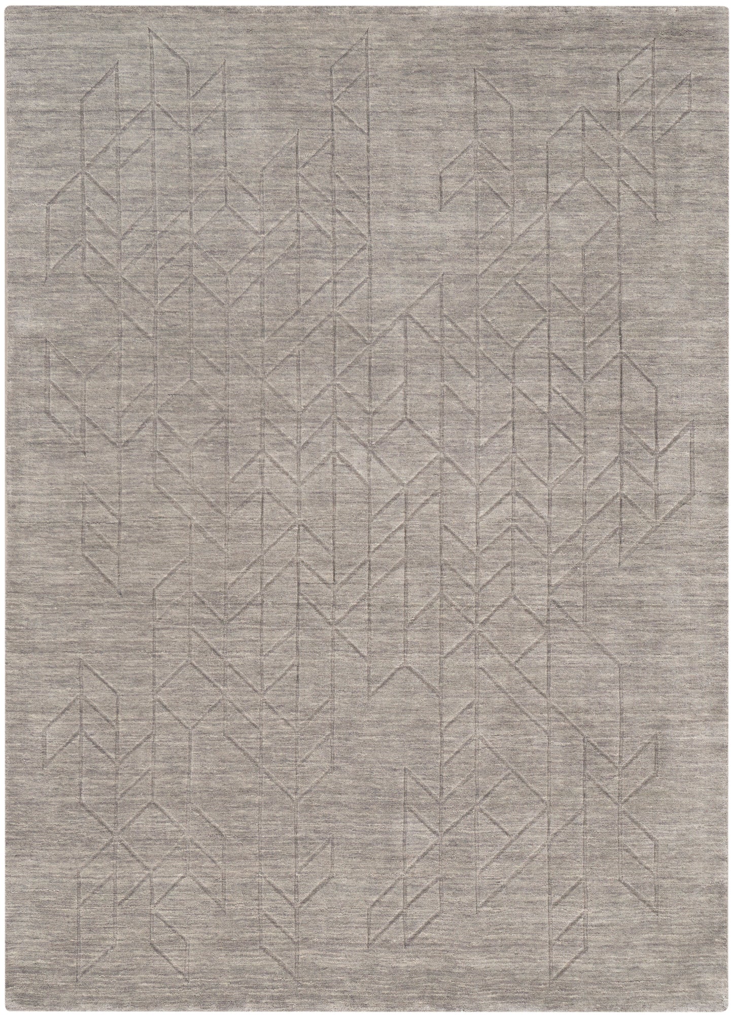 Taupe area rug with a soft, textured weave and faint pale gray geometric chevron pattern.