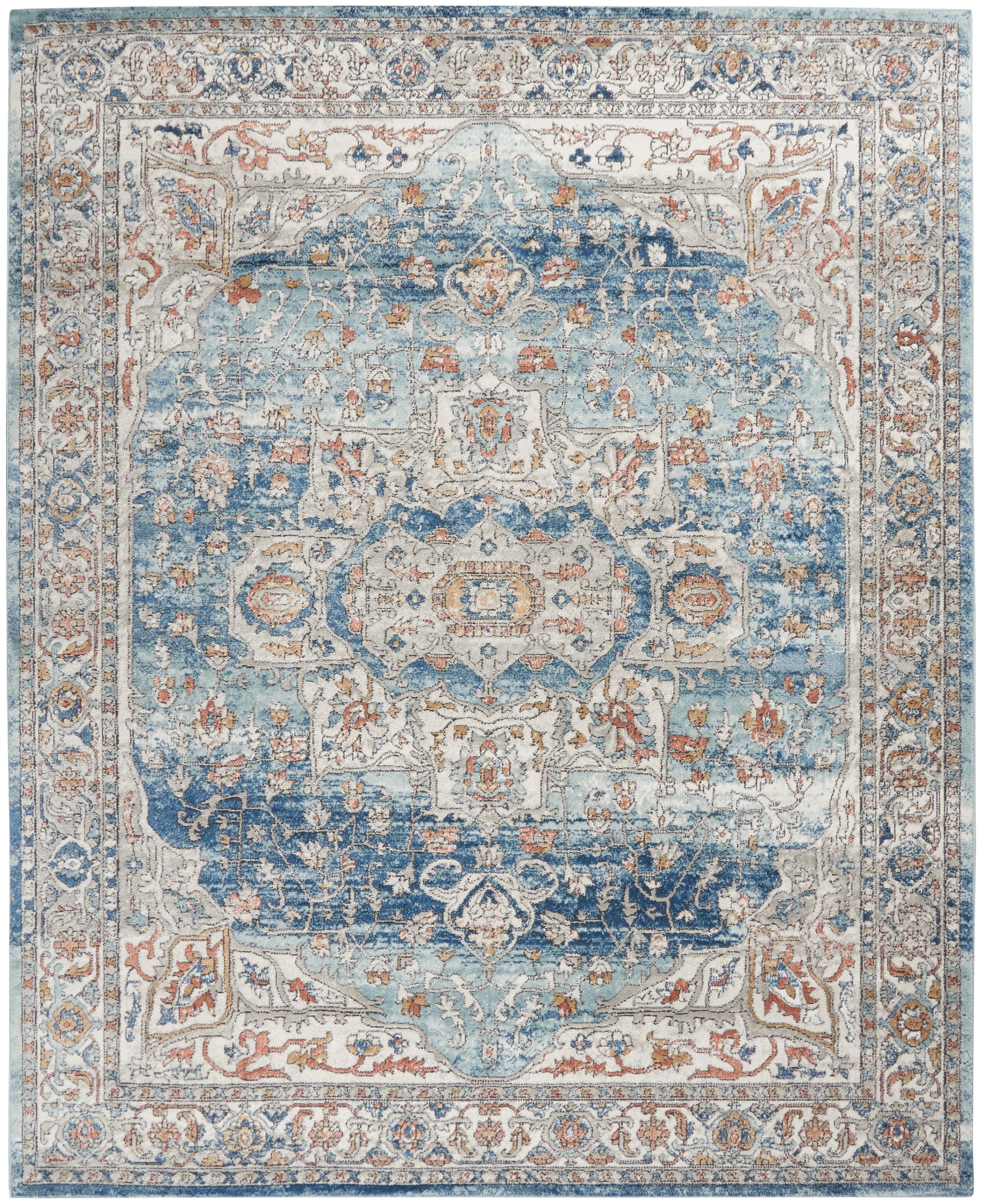 Persian-style blue and ivory area rug with central medallion, intricate floral motifs, and ornate border.