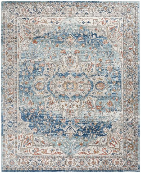 Persian-style blue and ivory area rug with central medallion, intricate floral motifs, and ornate border.