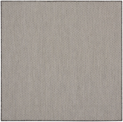 Taupe beige woven tweed rug texture with tight diamond lattice and dark border.