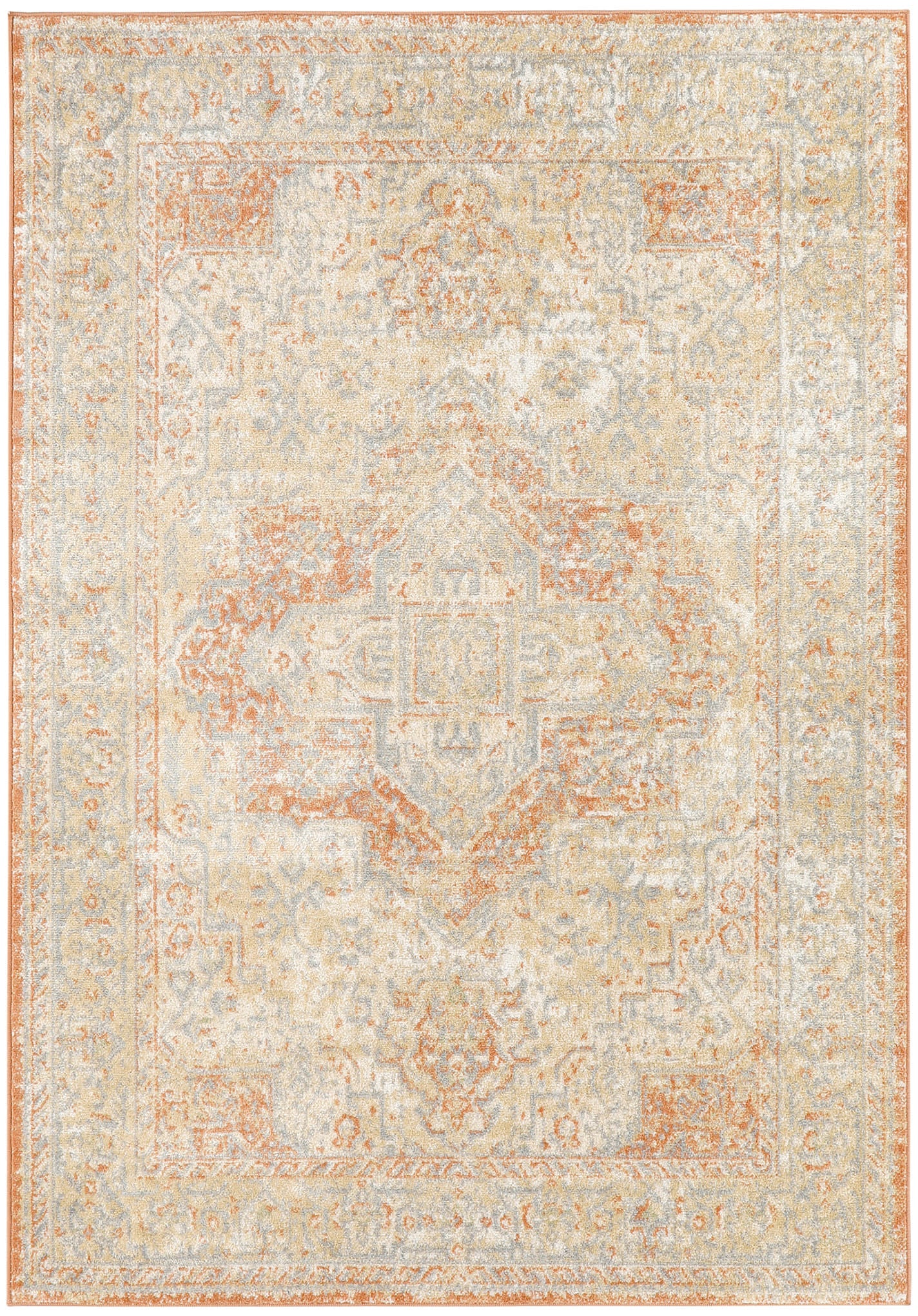 Rectangular distressed vintage rug in ivory, pale gray and coral accents with a central diamond medallion and ornate border.
