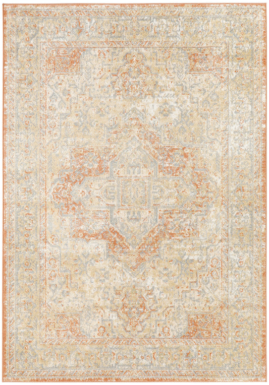 Rectangular distressed vintage rug in ivory, pale gray and coral accents with a central diamond medallion and ornate border.
