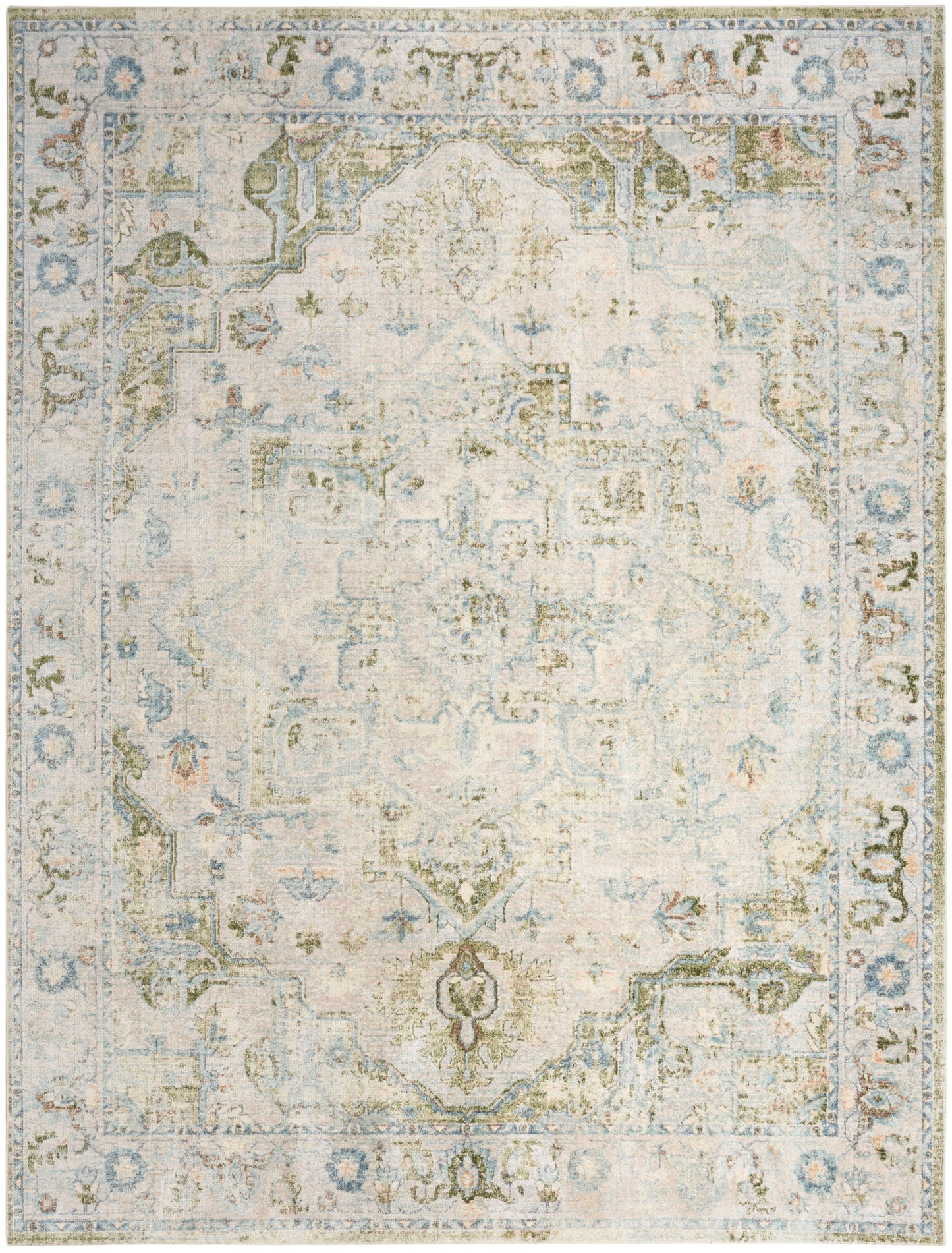 Distressed ivory and blue oriental rug with faded medallion and ornate border; vintage-inspired for living room decor.