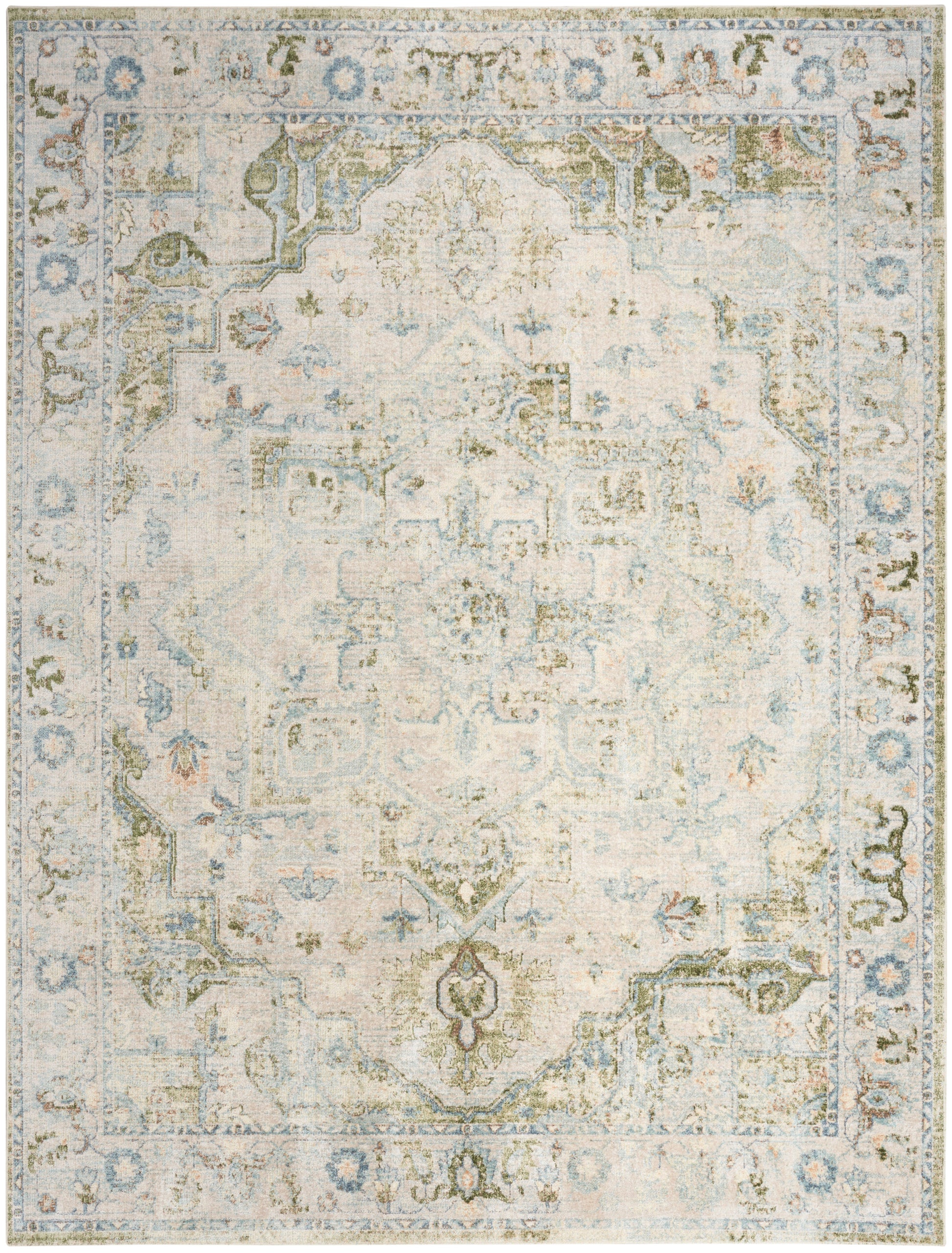 Distressed ivory and blue oriental rug with faded medallion and ornate border; vintage-inspired for living room decor.