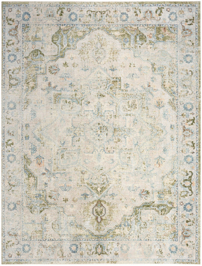 Distressed ivory and blue oriental rug with faded medallion and ornate border; vintage-inspired for living room decor.
