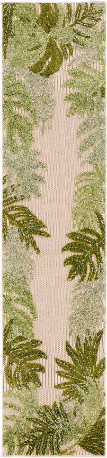Narrow tropical palm leaf runner rug in greens on beige background; woven textured fabric.