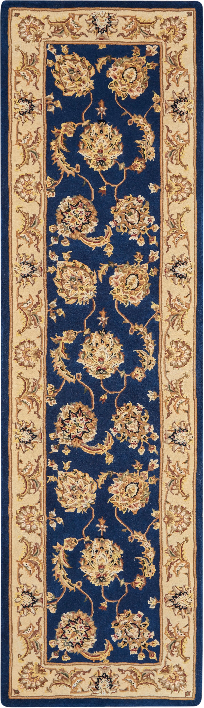 Persian-style navy blue hallway runner rug with gold-ivory floral medallions and scrolling border