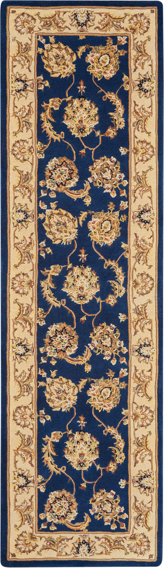Persian-style navy blue hallway runner rug with gold-ivory floral medallions and scrolling border