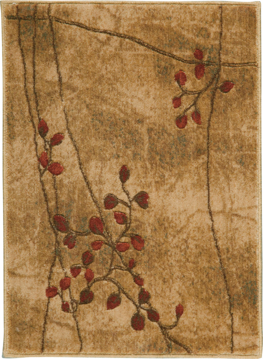 Rectangular tan plush area rug with brown vine-like branches and red berry accents.