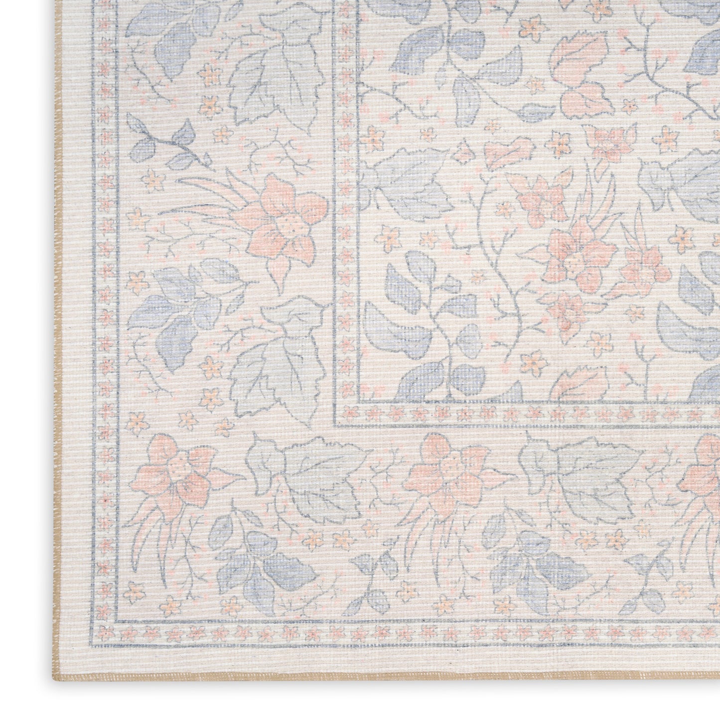 Pastel floral area rug with cream background, blue & peach flowers, woven pattern & border, for living rooms.