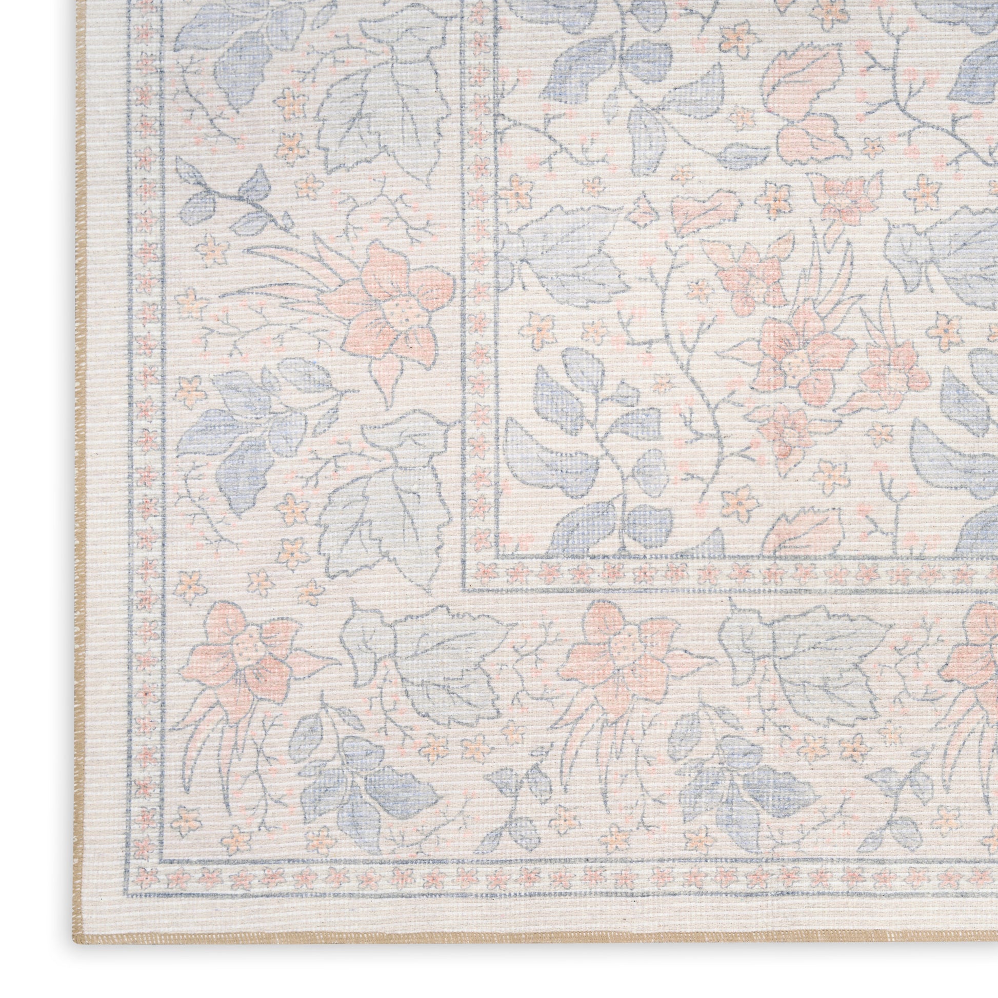 Pastel floral area rug with cream background, blue & peach flowers, woven pattern & border, for living rooms.