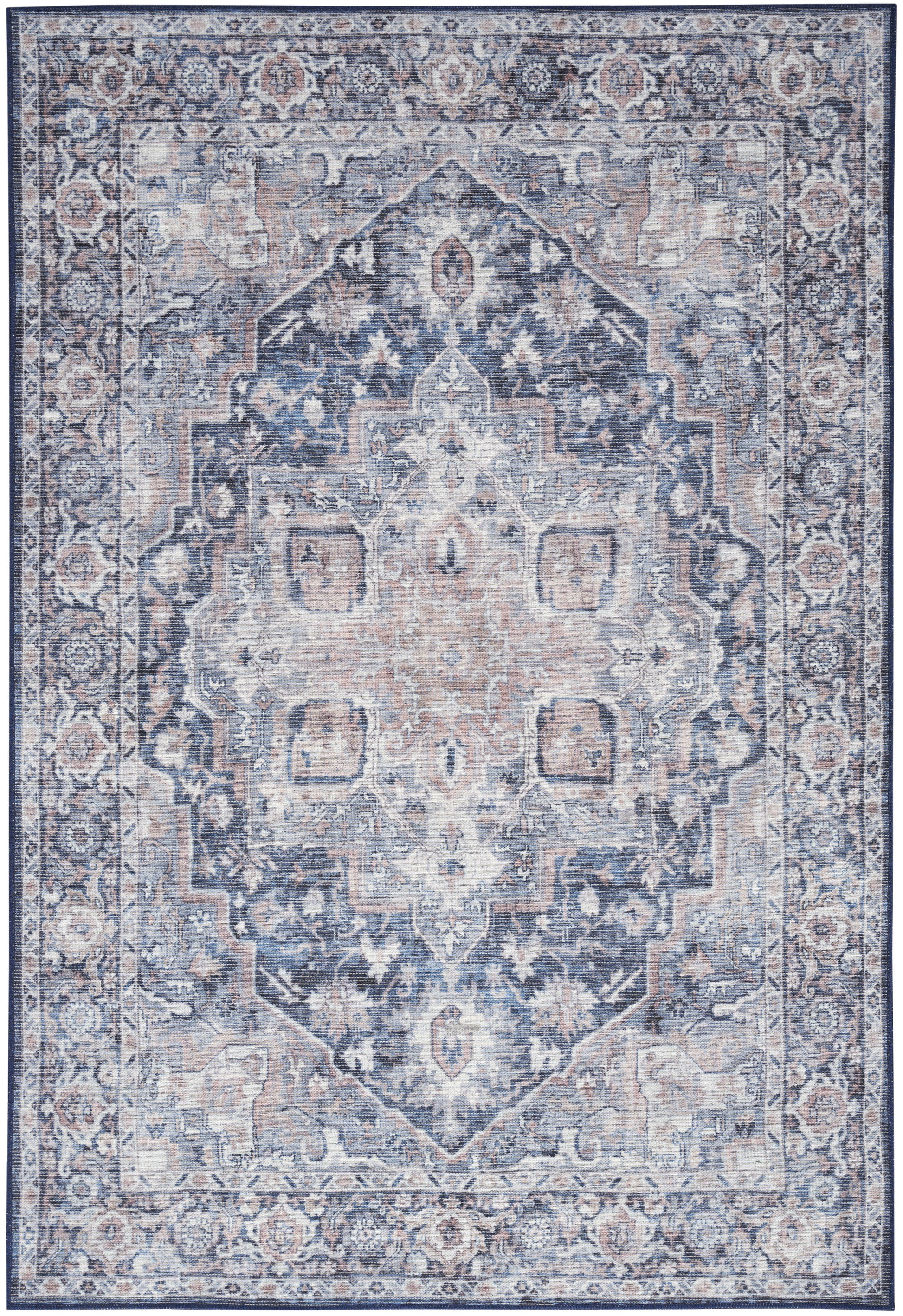 Blue distressed Persian-style area rug with ivory accents, central geometric medallion and ornate floral border.