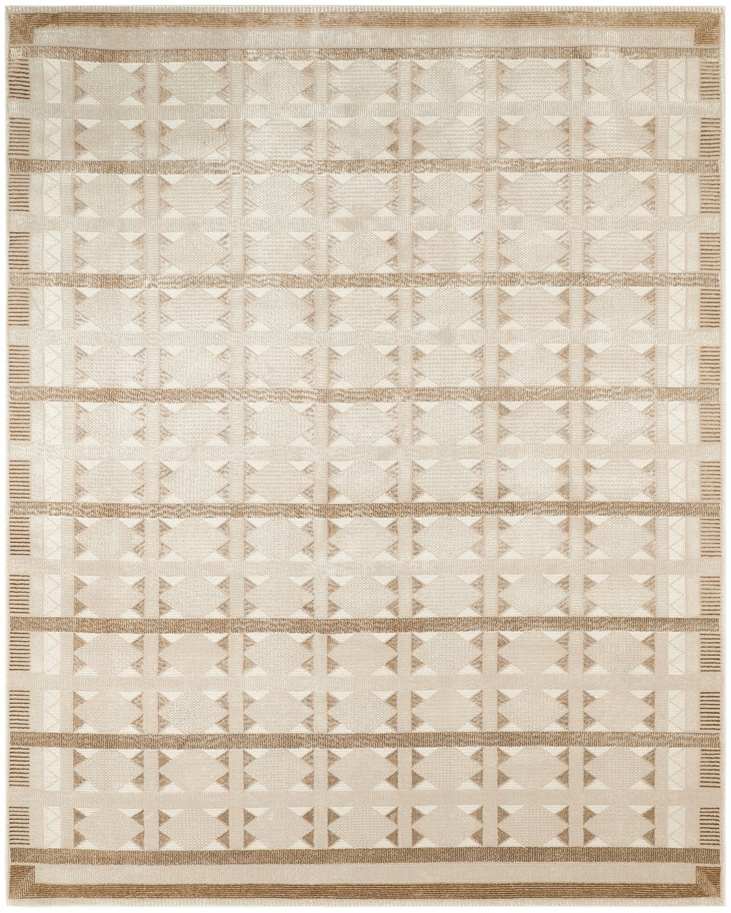 Rectangular beige rug with tan horizontal bands & diamond/triangle woven pattern