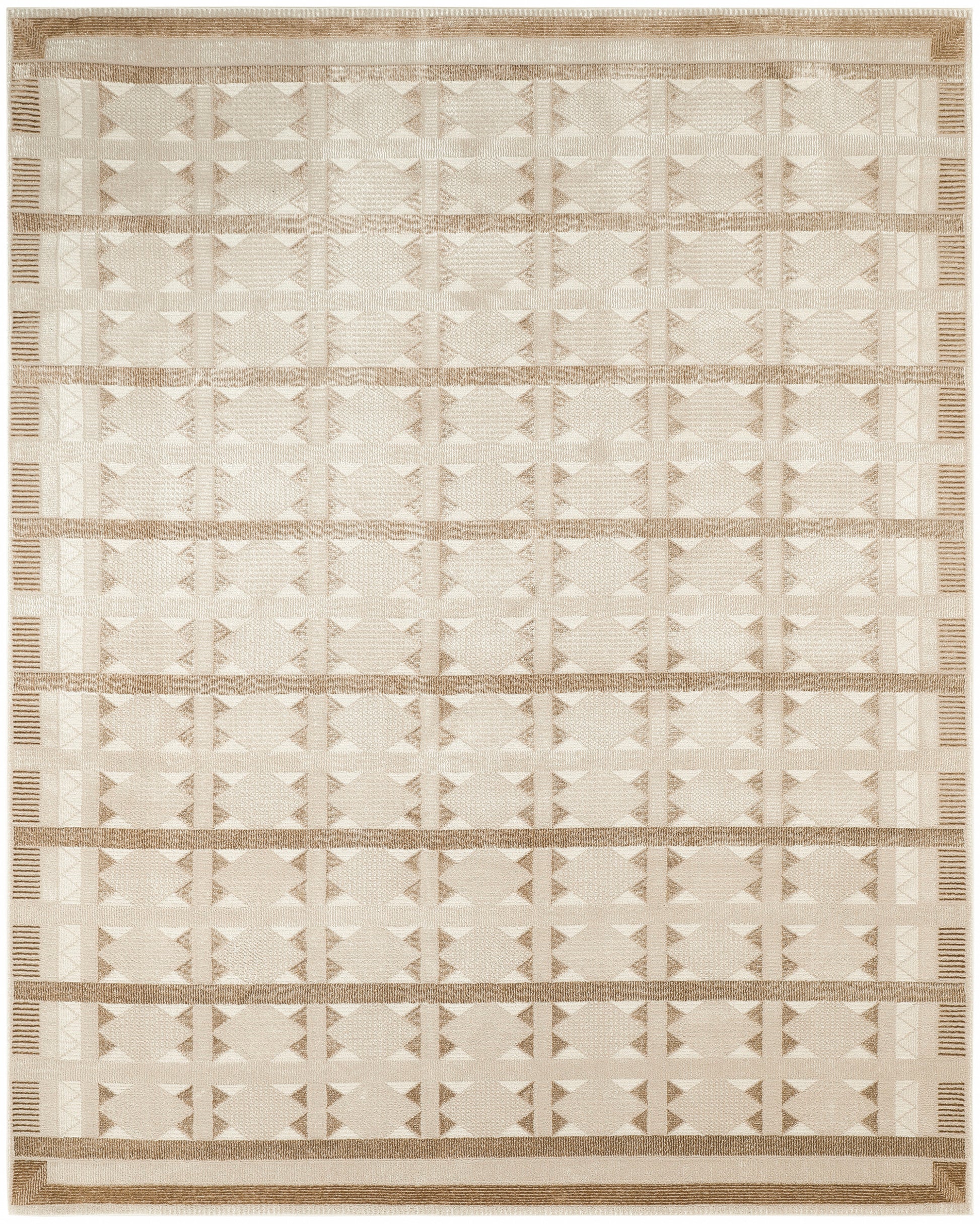 Rectangular beige rug with tan horizontal bands & diamond/triangle woven pattern