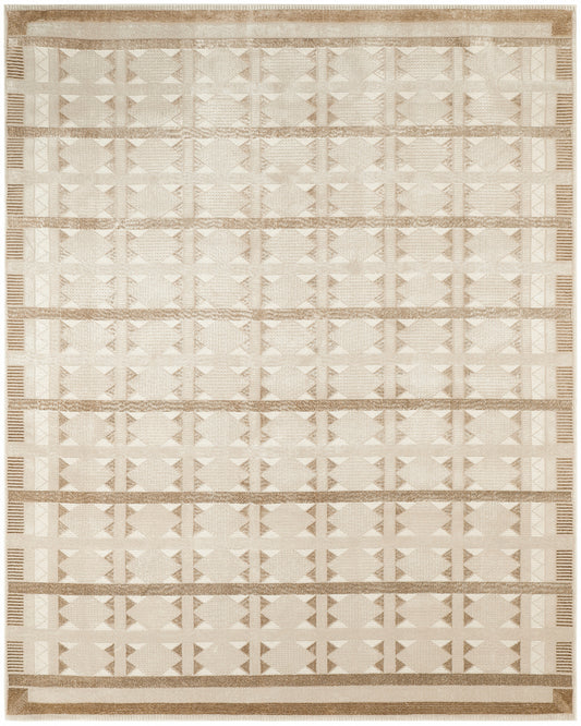 Rectangular beige rug with tan horizontal bands & diamond/triangle woven pattern