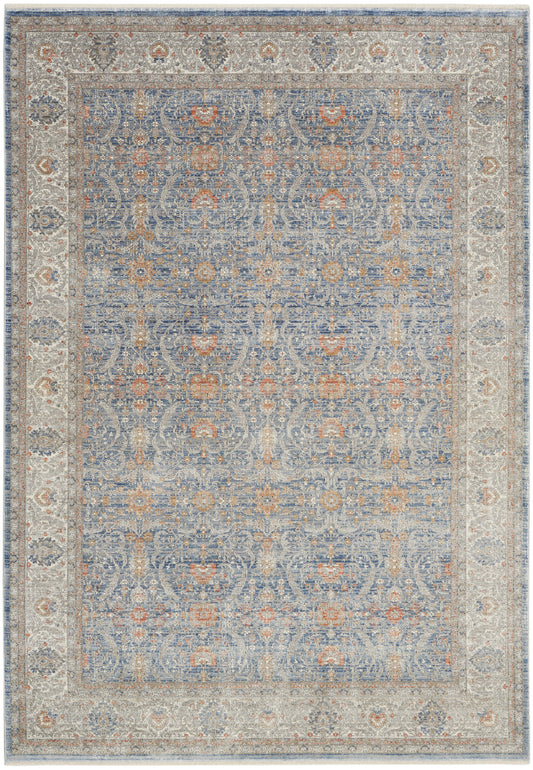 Blue oriental area rug with ivory border and orange accents; intricate floral medallion pattern.