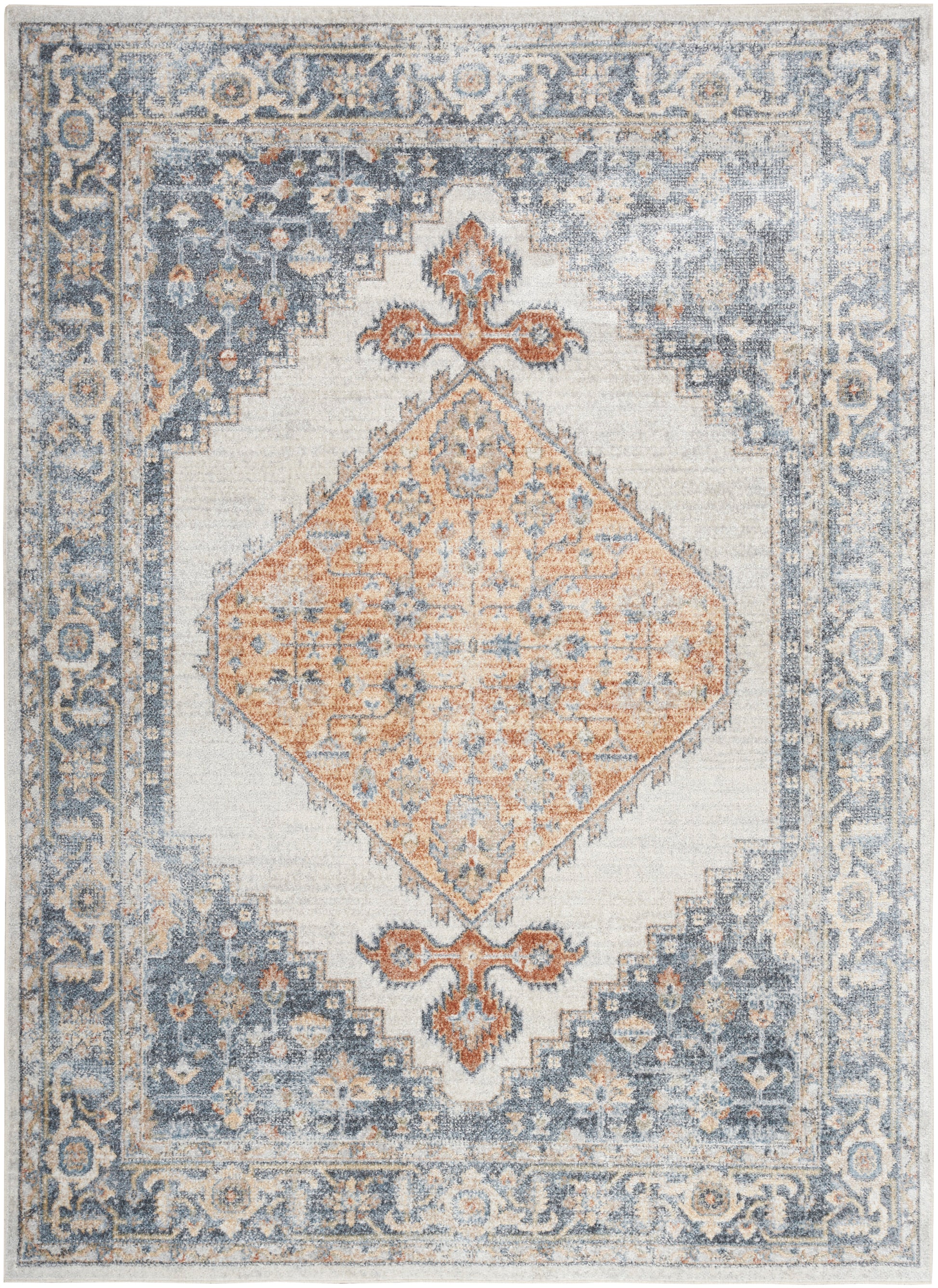 Persian-style area rug with blue-gray border, ivory field, and peach diamond medallion; distressed ornate pattern.
