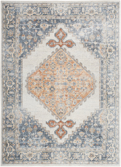 Persian-style area rug with blue-gray border, ivory field, and peach diamond medallion; distressed ornate pattern.