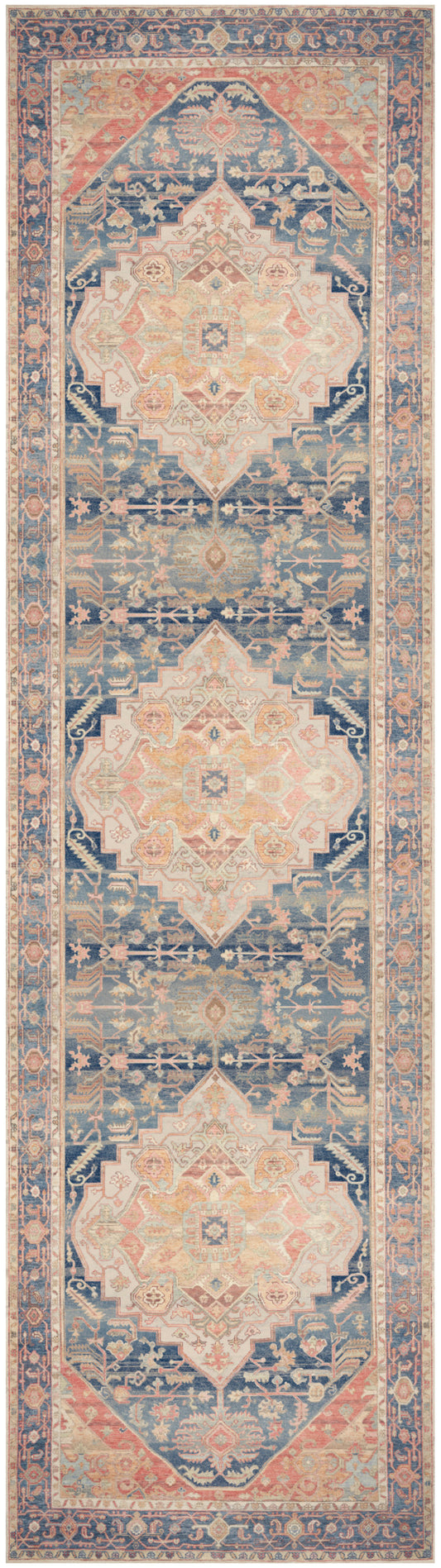 Long oriental rug runner with peach medallions on a deep blue field, ivory borders and floral accents.