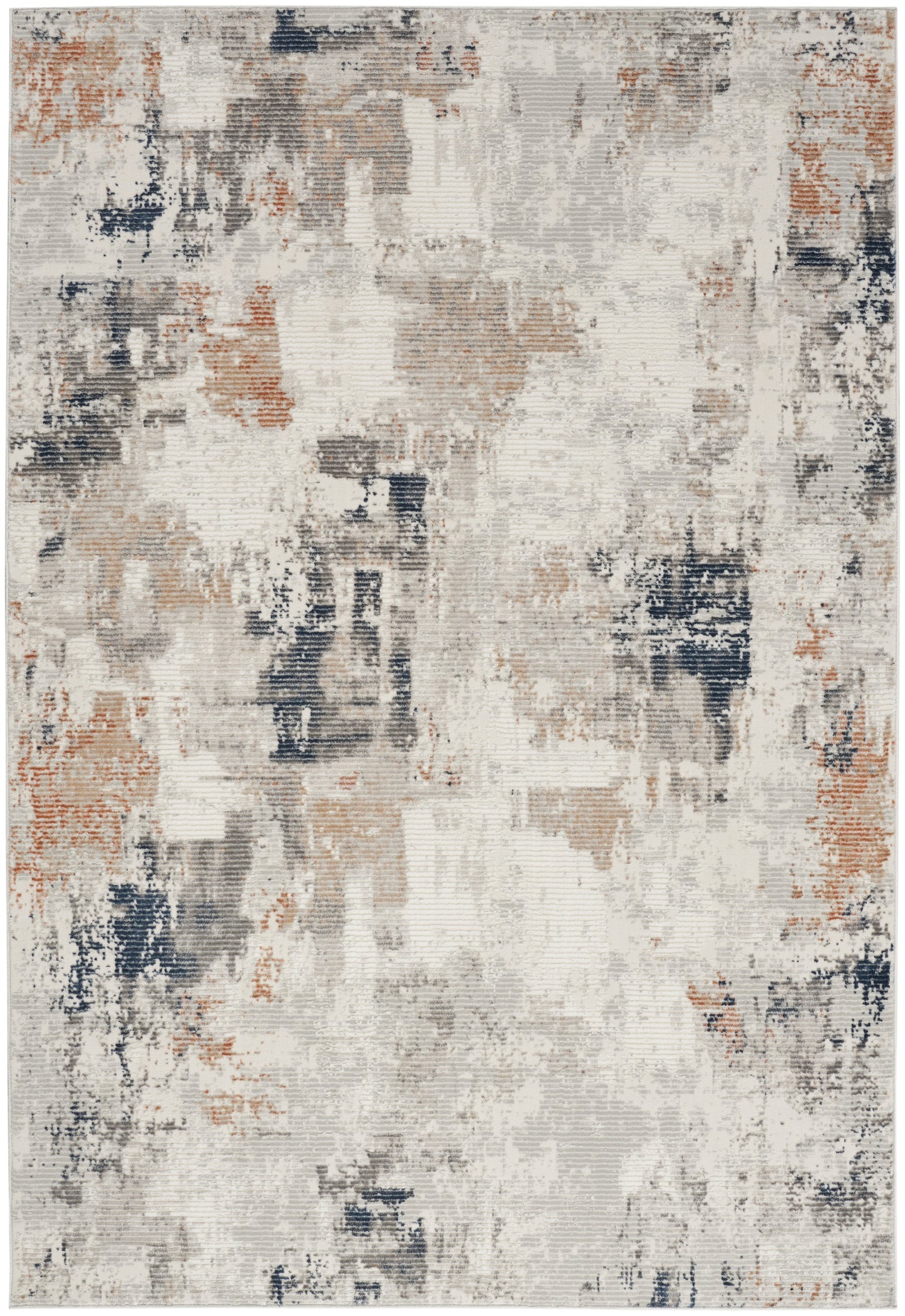 Abstract distressed rug in cream, beige, gray, rust and navy; rectangular, modern boho chic rug for living room.