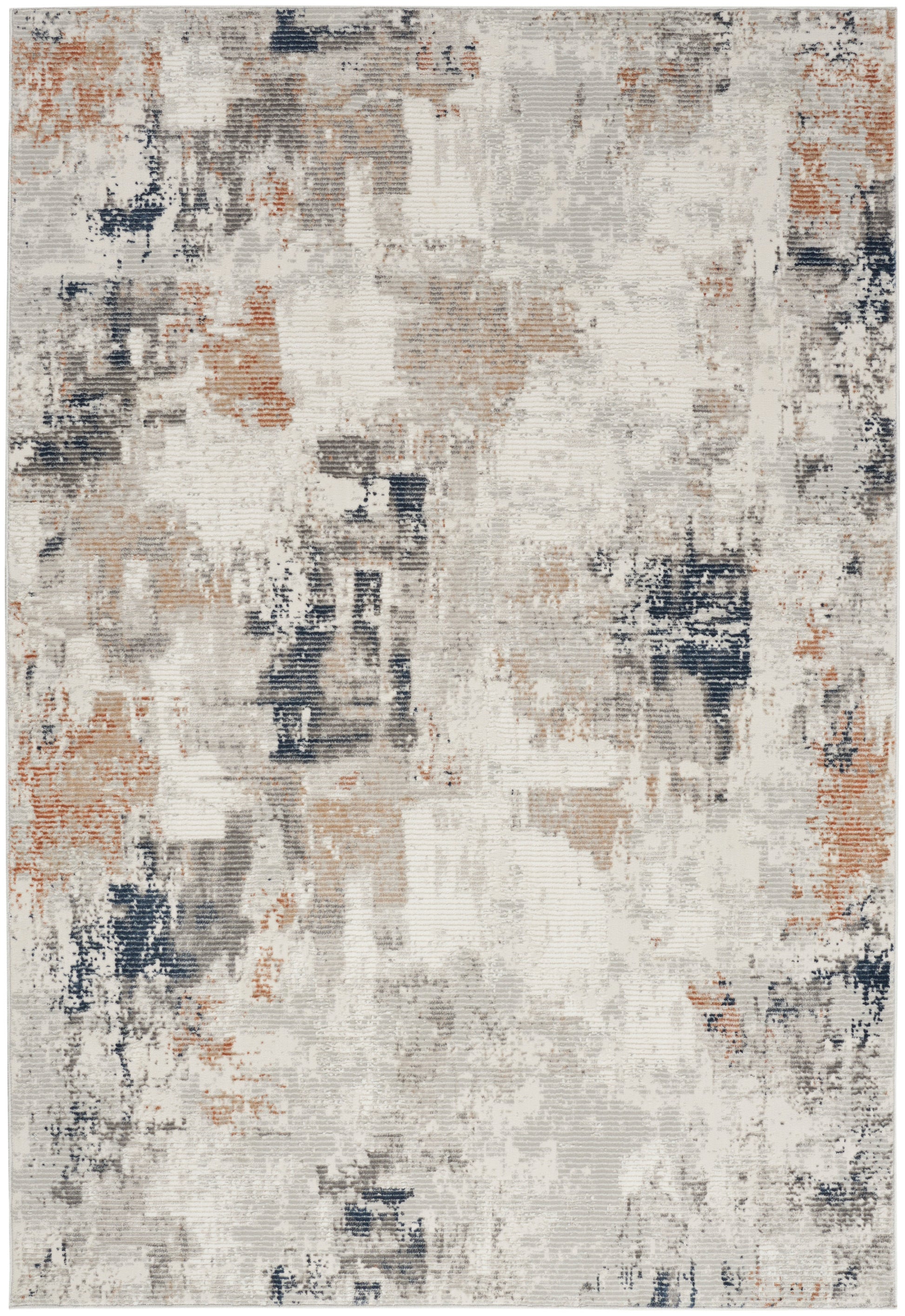 Abstract distressed rug in cream, beige, gray, rust and navy; rectangular, modern boho chic rug for living room.
