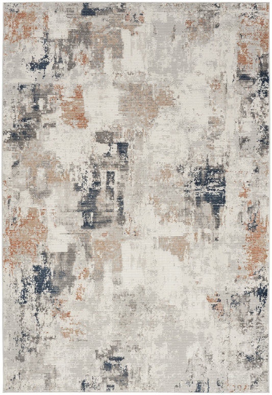 Abstract distressed rug in cream, beige, gray, rust and navy; rectangular, modern boho chic rug for living room.
