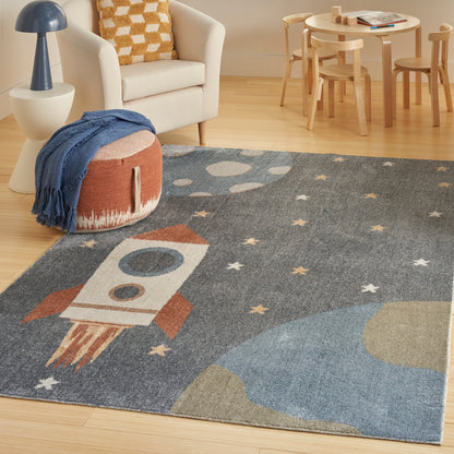 Blue-gray kids' rug with rocket ship and stars.