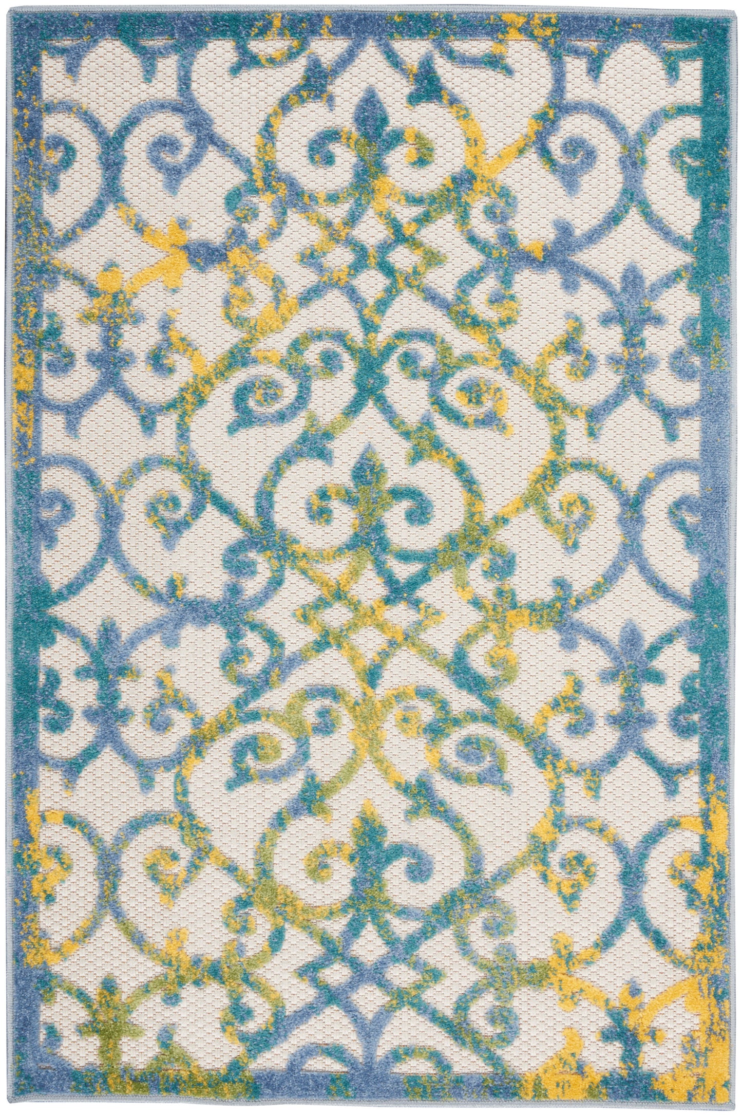 Decorative area rug with teal and blue scrolling lattice pattern, yellow accents on cream background; blue border.