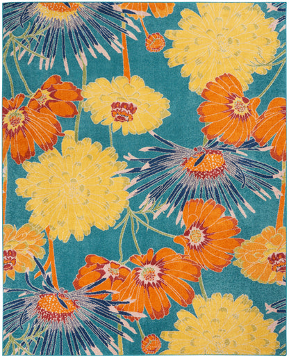 Teal floral area rug with large yellow and orange blossoms in a bold tropical pattern.