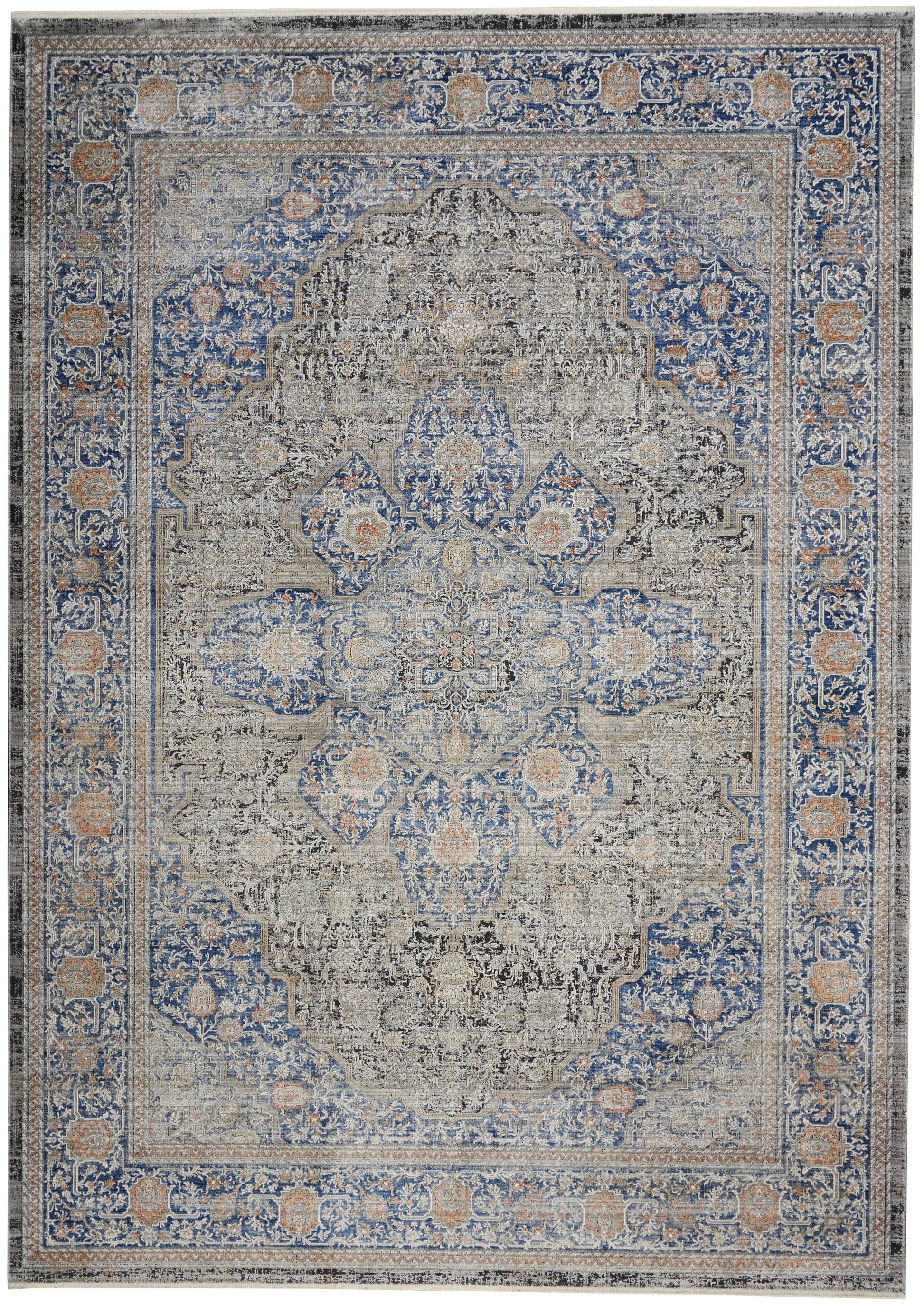 Rectangular area rug with ivory field, blue border, and peach accents; ornate Persian-style floral medallion.