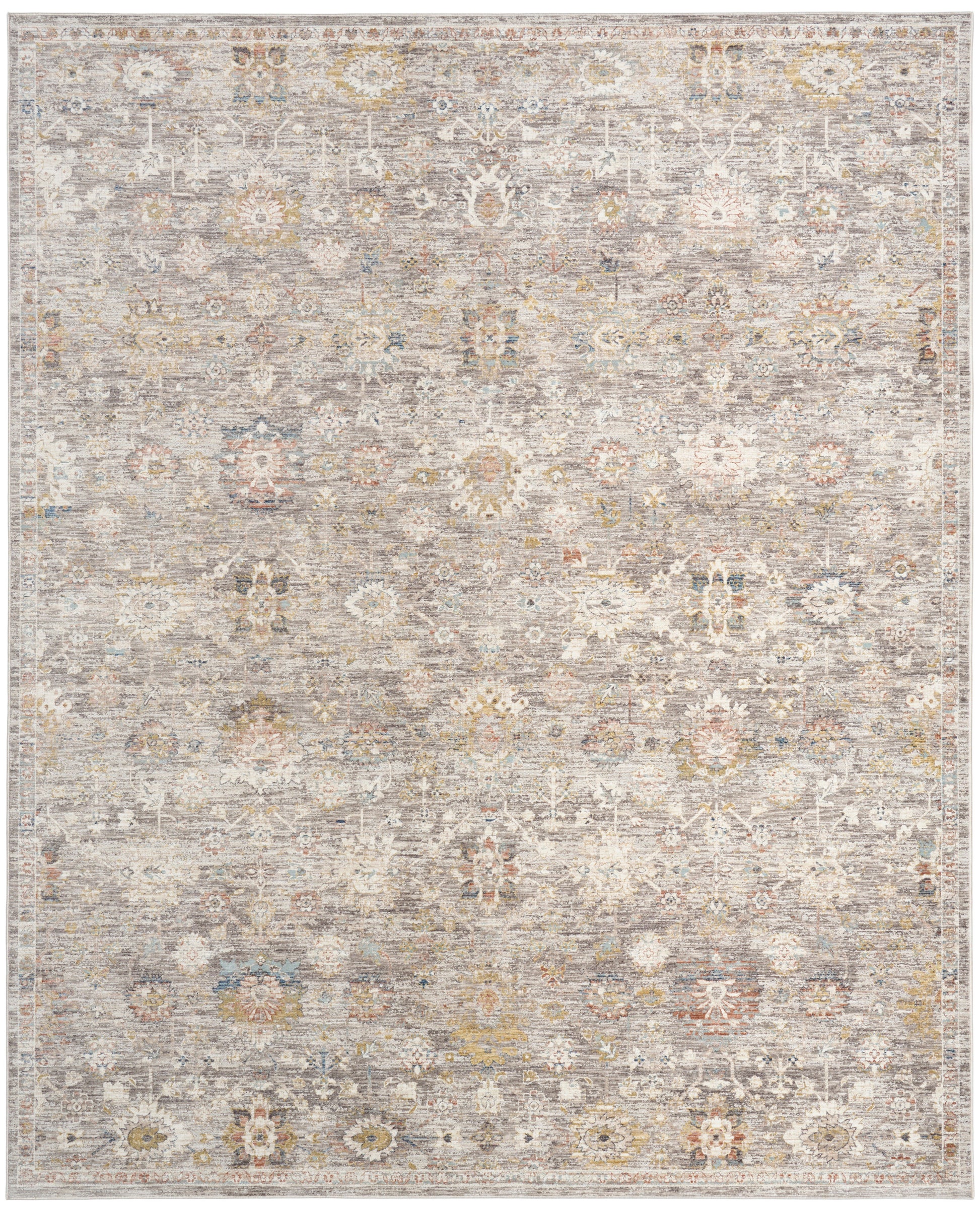 Muted gray-beige rug with faded oriental floral medallion pattern and subtle warm accents.
