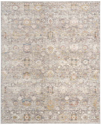 Muted gray-beige rug with faded oriental floral medallion pattern and subtle warm accents.
