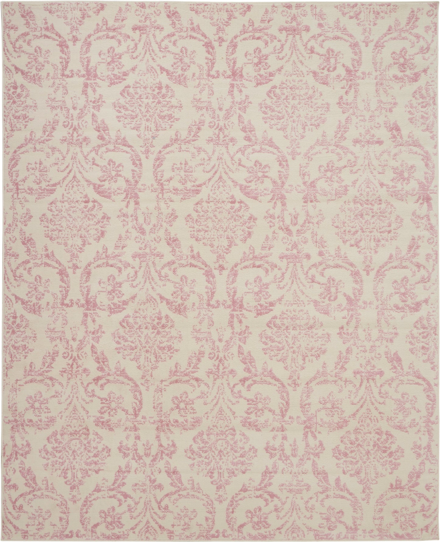 Cream-beige rug with pink damask floral motif, elegant vintage-style decorative textile.