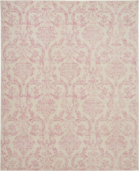 Cream-beige rug with pink damask floral motif, elegant vintage-style decorative textile.