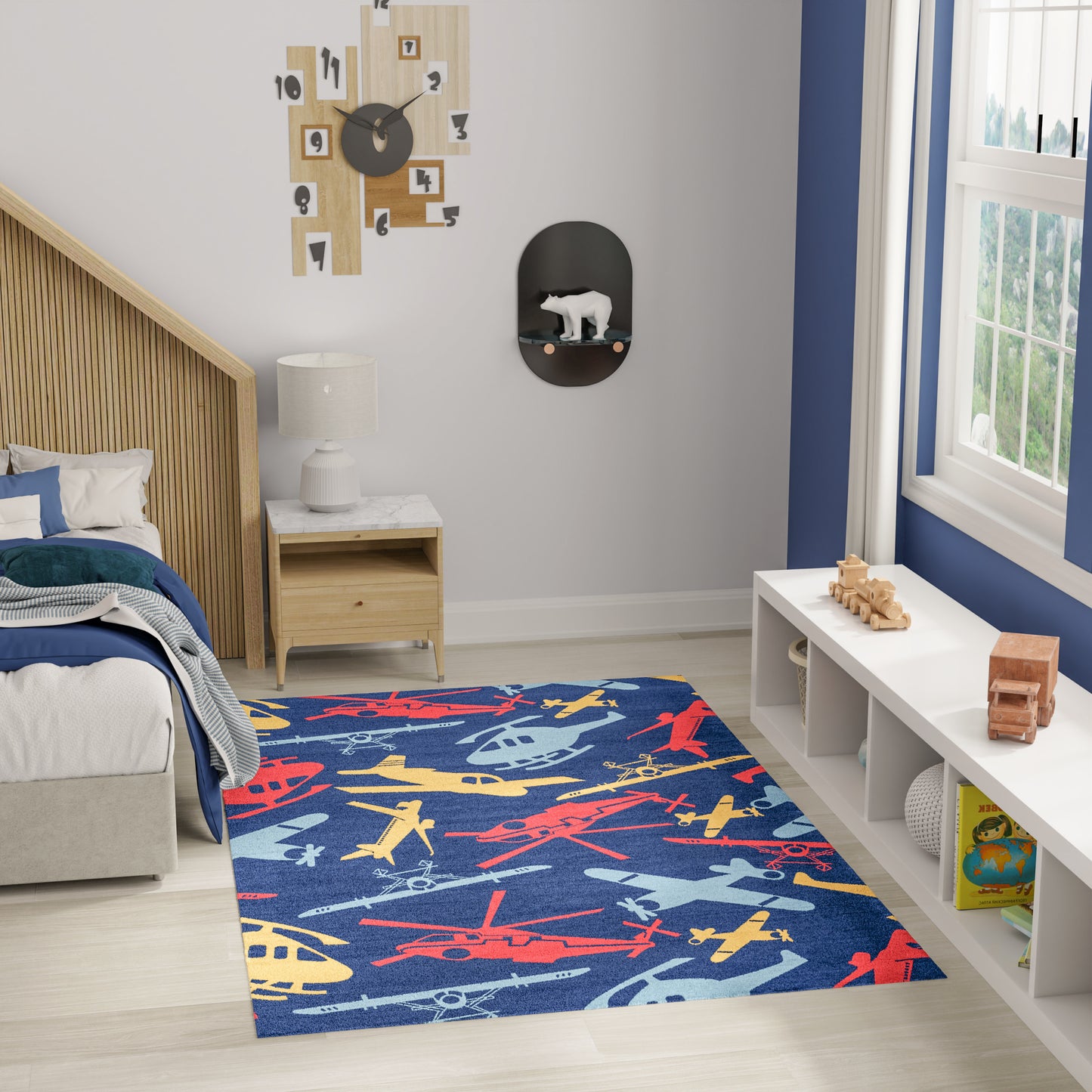 Kids rug, 5' x 7', colorful pattern.
