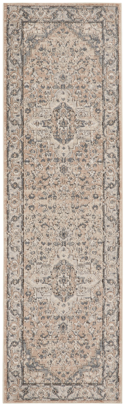 Long beige farmhouse-style runner rug with intricate central medallions and a blue-gray border.