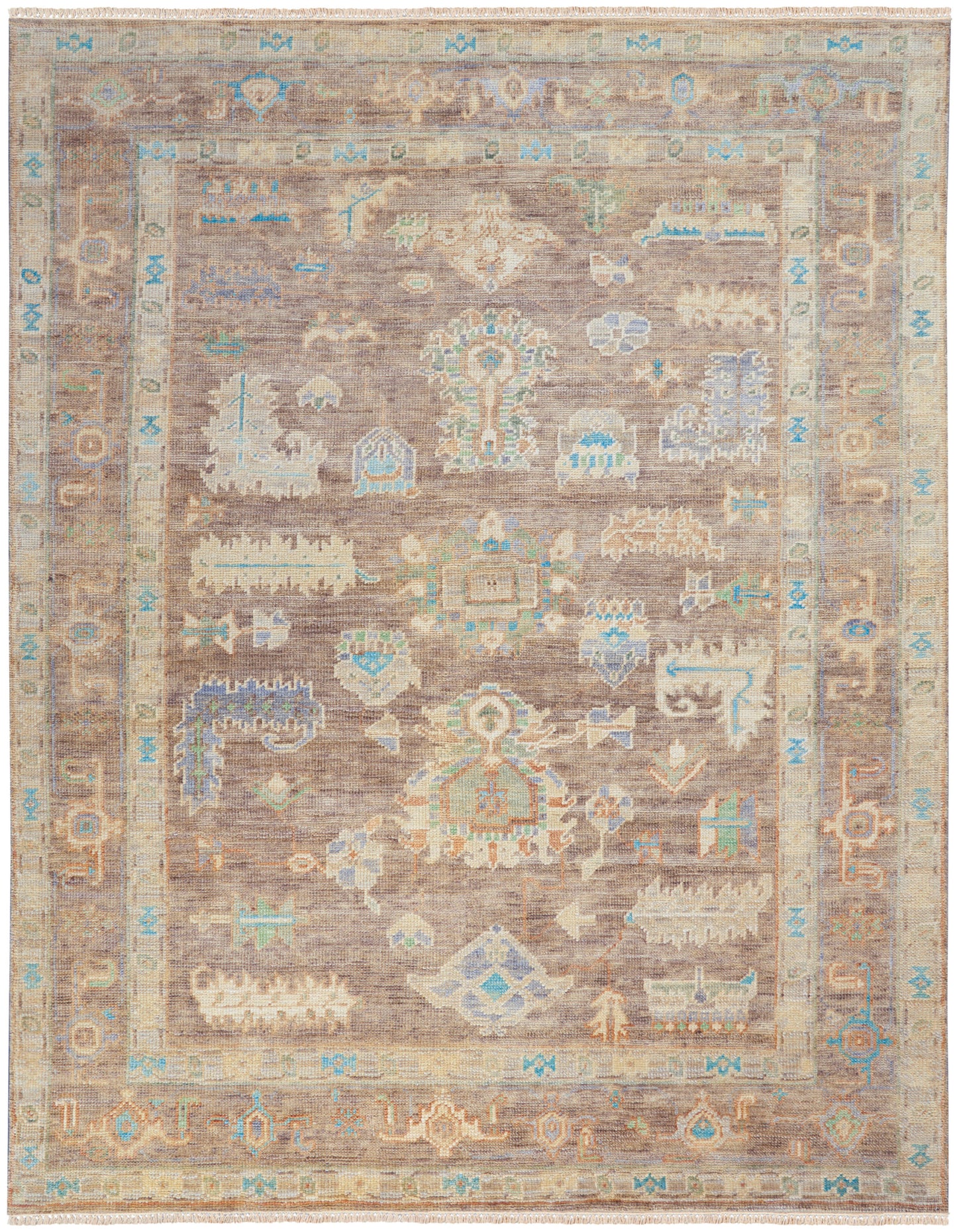 Muted brown oriental rug with pale blue and teal accents, cream borders, geometric floral motifs and central medallion.