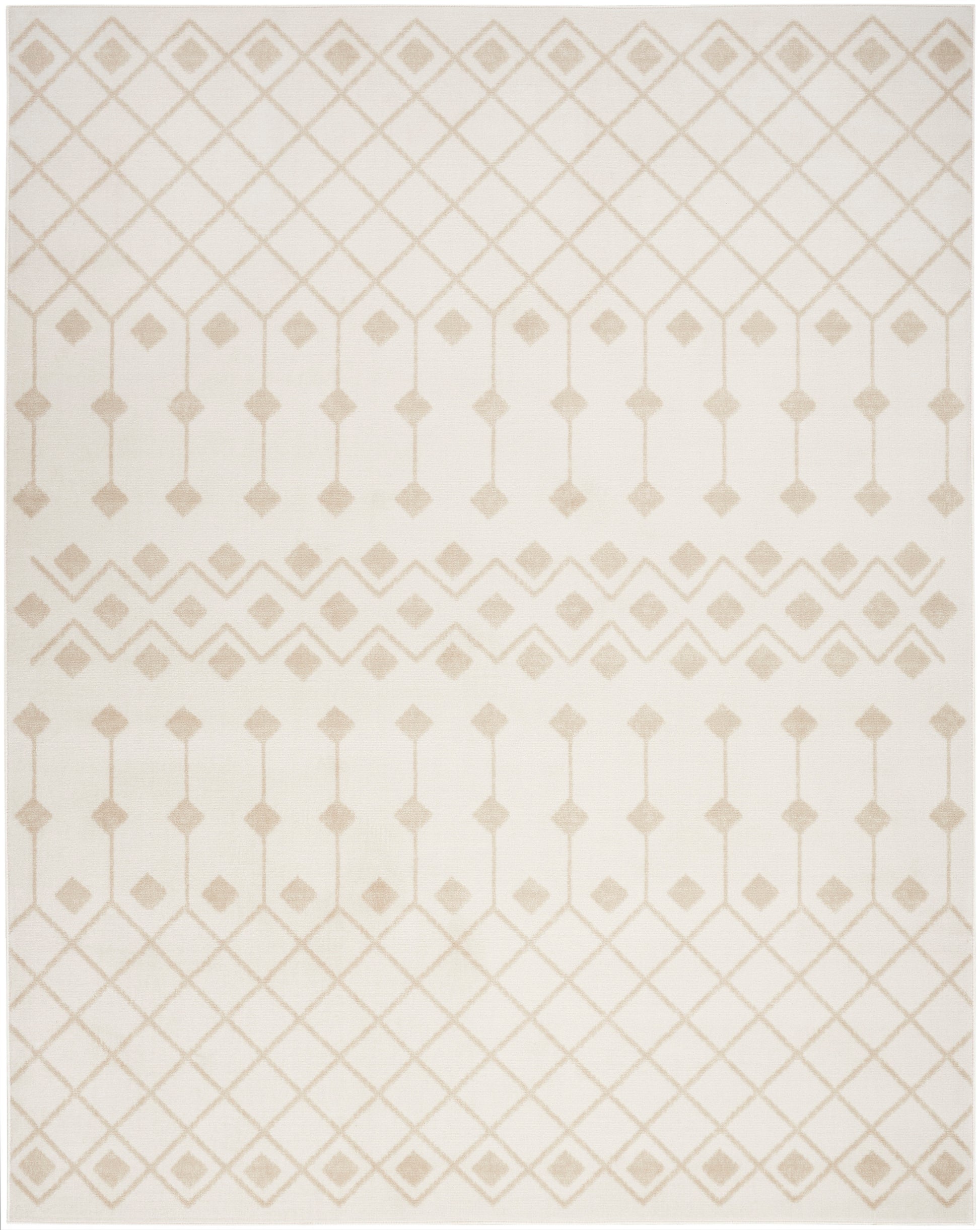 Rectangular cream rug with beige geometric lattice diamonds & vertical line accents in a modern tribal pattern.