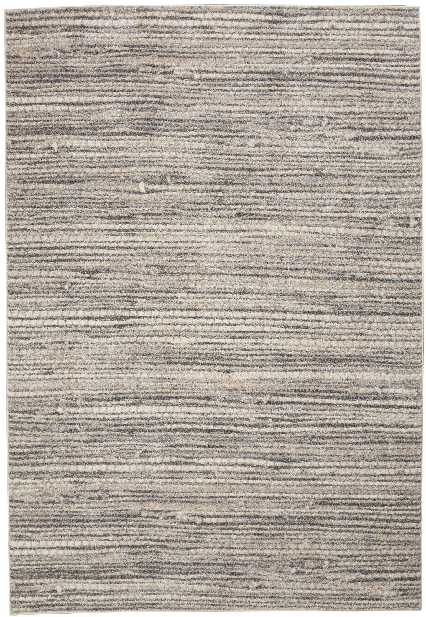 Rectangular area rug with muted gray and beige horizontal stripes and soft textured pile (3' x 5').